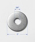 Quarter Inch Fender Washer, 1 Inch Diameter, 304 Stainless Steel, single washer with dimensions shown
