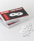 Pack of 50 Quarter Inch Fender Washers 1 Inch Diameter 304 Stainless Steel with packaging and scattered washers