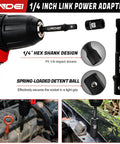 1/4 inch link power adapter with hex shank, visible in drill, fitting impact drivers, spring-loaded detent ball for a tight grip.