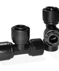 No Fuss Quick Connect One Quarter Inch Drip Irrigation Tee Connectors, 30 Pack Universal Tee Fittings For One Quarter Inch Tubing, Leak Free, Easy Push In Design For Sprinkler And Drip Systems, close-up view.