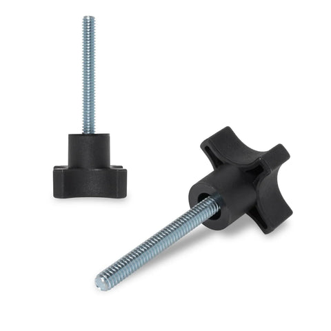 5 Pack Quarter Inch 20 TPI Four Point Knobs With 2 Inch Threaded Studs for lawn mowers and woodworking tool positioning.