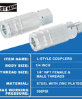 L Style 1 Quarter Inch Air Hose Fittings Kit With Fourteen Pieces Quick Connect Couplers And Plugs, Steel, shown with specs