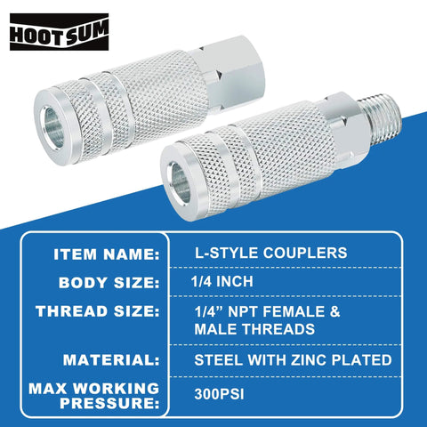 L Style 1 Quarter Inch Air Hose Fittings Kit With Fourteen Pieces Quick Connect Couplers And Plugs, Steel, shown with specs