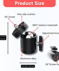 Diagram of Quarter Inch Mini Ball Head Tripod Mount showing 360-degree rotation, 1/4 inch screw, aluminum alloy build, and adjustment knob.