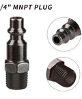 Close-up of 1/4 inch MNPT plug for 4 Way Straight Air Manifold With 5 Ports Aluminum Inline Pneumatic Splitter.