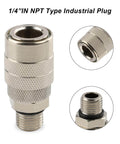 1/4 inch NPT male plug with knurled aluminum finish, used in Two Way Straight Air Manifold Splitter With Dual One Quarter Inch Quick Connect Couplers And One Quarter Inch NPT Male Plug Aluminum Body Air Compressor Hose Splitter For Easy Quick Hookup And Reliable Air Flow