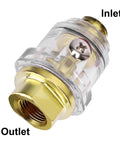 Inline One Quarter Inch NPT Oiler Lubricator For Air Compressors with copper and transparent plastic, showing inlet and outlet.