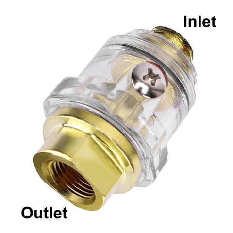Inline One Quarter Inch NPT Oiler Lubricator For Air Compressors with copper and transparent plastic, showing inlet and outlet.