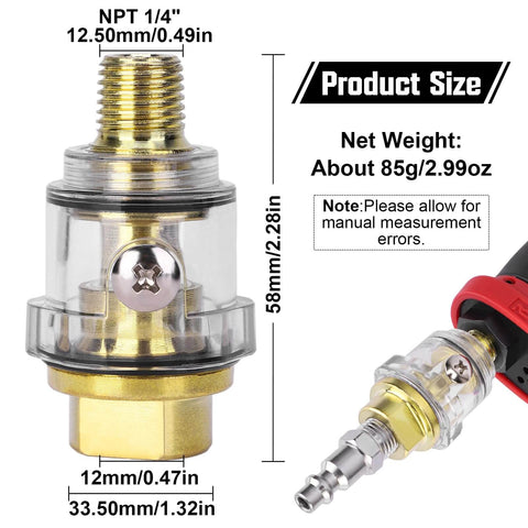 Inline One Quarter Inch NPT Oiler Lubricator For Air Compressors with Automatic Oil Lubrication, showing copper and transparent plastic construction