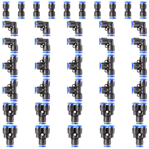 One Quarter Inch OD Push To Connect Pneumatic Fittings Kit With Forty Pieces Including Splitters Elbows Tees And Straights For Air Tubing