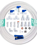 One Quarter Inch Push To Connect Fittings For RO Water Filter And Fridge Installation Kits NSF Certified Food Grade POM BPA Free Includes 20 Pcs And 30 Feet Of One Quarter Inch Water Tubing Easy DIY Setup