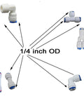 Quarter Inch Quick Connect Push In Water Tube Fittings For RO Systems No Tools Needed Plug And Play 1/4 Inch OD Push Fit Tee For 6mm Tubing BPA Free Thermoplastic Pack Of 30 Water Filter Fittings displayed in various angles.