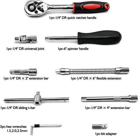 46 Piece One Quarter Inch Drive Socket Ratchet Wrench Set With Bit Sockets Metric Extension Bar And Storage Case For Auto Repair And Household Use Durable Chrome Vanadium Steel Thick Walled Sockets