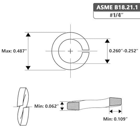 Technical diagram of One Quarter Inch Split Lock Washers 304 Stainless Steel Pack 150 Pieces showing dimensions and specifications.