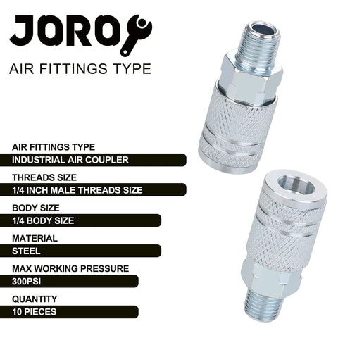 One Quarter Inch Air Hose Fittings Industrial M Type Coupler Quick Connect Kit One Quarter Inch NPT Male Threads Steel Material 300 PSI Rating Ten Pack For Air Compressors And Tools showing connectors and specifications.