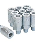 One Quarter Inch Air Hose Fittings Industrial M Type Coupler Quick Connect Kit One Quarter Inch NPT Male Threads Steel Material 300 PSI Rating Ten Pack For Air Compressors And Tools