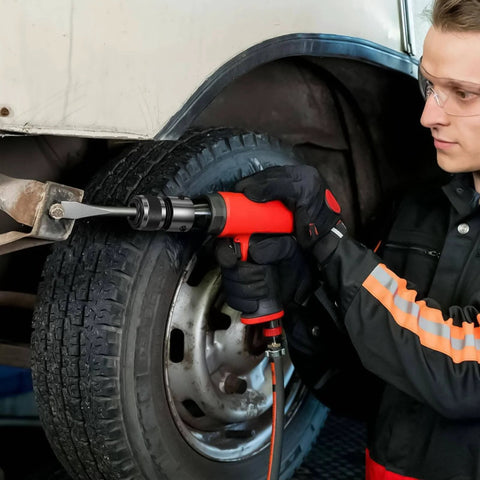 Mechanic using Air Hammer Quick Change Chisel Retainer Chuck on vehicle, easy to install, stable spring retainer visible
