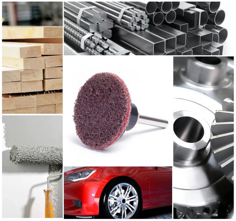 46 Piece Two Inch Roll Lock Quick Change Sanding Discs With One Quarter Inch Holder, displayed with materials, car wheel, and surface close-ups.