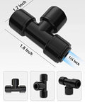 Image of a 16 Pack One Quarter Inch Quick Connect Drip Irrigation Tee Fittings, black, with 1/4 inch tubing connections, 3 views shown.