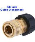 Pressure Washer Quick Connect Adapter Set M22 To Three Eighths Inch For Hose, brass and black fitting, close-up view