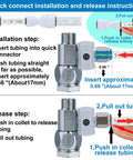Installation guide for Feed Water Adapter Tee And Water Line Splitter Kit, 3/8 Inch To 1/4 Inch, showing quick connect instructions.