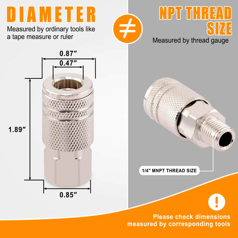 Value Packed 67 Piece Quick Connect Air Fittings Kit For Air Tools And Compressors One Quarter Inch NPT Includes Female And Male Couplers Plugs Nipples Hex Nipples Teflon Tape And Accessories Designed For Home Garage Shop Use showing close-up of male coupler dimensions.