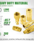 45 Piece One Quarter NPT Quick Connect Air Fittings Kit With Male And Female Couplers Plugs Hex Nipples Teflon Tape For Air Hose And Compressor Accessories Includes All Common Fittings For Quick Connect Systems, heavy-duty iron plated copper fittings with temperature and pressure ratings visible.