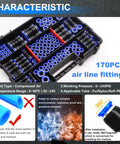 170-Piece Quick Connect Air Hose Fittings Kit With 1/8, 1/4, 5/16, 3/8, 1/2 Inch And 4, 6, 8, 10, 12 Mm Straight Push To Connect Pneumatic Fittings, Quick Release Air Line Fittings For Air Compressors And DIY Projects in storage case
