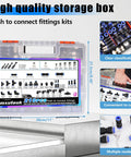 210 Piece Pro Grade Quick Connect Air Fittings Kit For 1/8 1/4 5/16 3/8 1/2 And 4 6 8 10 Mm OD Push To Connect Fittings, Quick Release Pneumatic Kit For Air Hose Systems And Industrial Automation displayed in a storage box
