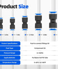DIY Friendly Pro Grade 50 Piece Quick Connect Air Hose Fittings Kit In Five Diameters 5/32 1/4 5/16 3/8 1/2 Inch Push To Connect Pneumatic Fittings For Air Lines And Compressors displayed in size chart