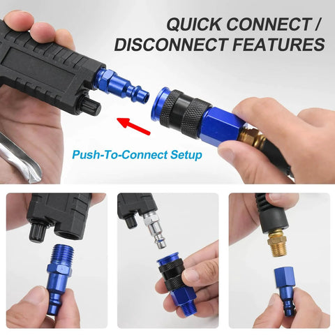 15 Piece Air Hose Fittings Kit With One Quarter Inch Universal Air Couplers And Industrial Air Plugs shown in use