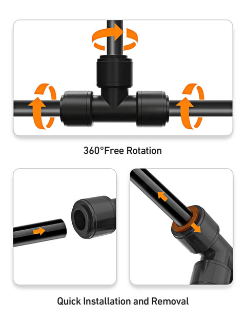 16 Pack One Quarter Inch Quick Connect Drip Irrigation Tee Fittings For One Quarter Inch Tubing No Tools Needed Leak Free Durable And Easy To Install For Gardens Farms And DIY Irrigation Systems showing 360-degree connection.