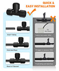 Installation steps for 16 Pack One Quarter Inch Quick Connect Drip Irrigation Tee Fittings For One Quarter Inch Tubing No Tools Needed Leak Free Durable And Easy To Install For Gardens Farms And DIY Irrigation Systems, showing push-in connection process and alternative soaking method.