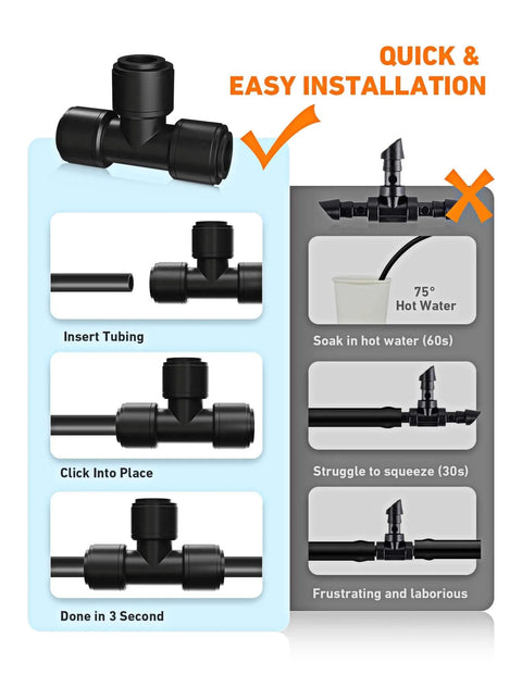 Installation steps for 16 Pack One Quarter Inch Quick Connect Drip Irrigation Tee Fittings For One Quarter Inch Tubing No Tools Needed Leak Free Durable And Easy To Install For Gardens Farms And DIY Irrigation Systems, showing push-in connection process and alternative soaking method.