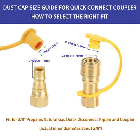 4 Pack 16mm Quick Connect Dust Cap And Plug Set For Propane And Natural Gas Lines, with yellow rubber caps shown on connectors