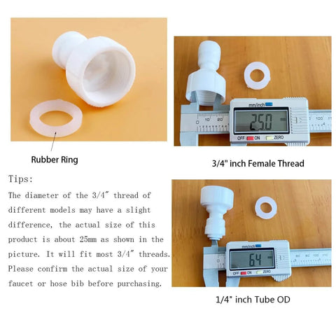 DIY Friendly Quick Connect Hose Bib Adapter For Reverse Osmosis Systems NSF Certified Three Quarter Inch Female Thread To One Quarter Inch OD Push To Connect Plastic Fittings Pack Of Six Easy Install showing measurements and rubber ring
