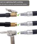 Close-up of connectors on Lightning L2X Quick Connect Locking Tire Inflator Air Chuck Extension with various nozzle types.