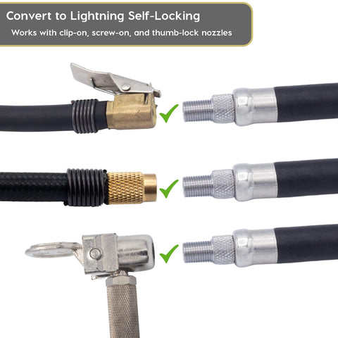 Close-up of connectors on Lightning L2X Quick Connect Locking Tire Inflator Air Chuck Extension with various nozzle types.