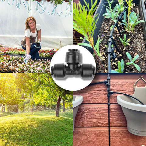 No Fuss Quick Connect One Quarter Inch Drip Irrigation Tee Connectors, 30 Pack Universal Tee Fittings in garden settings