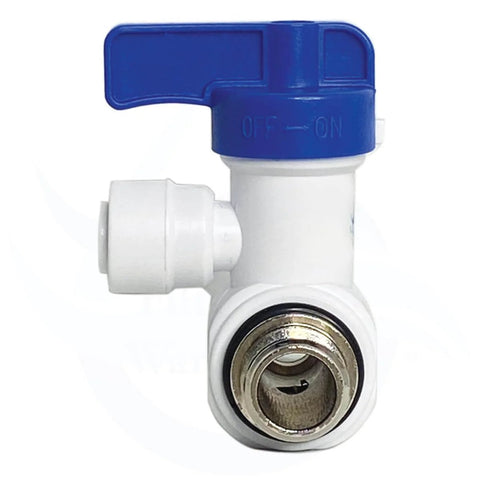 Front view of Dual O Ring Quick Connect Angle Stop Valve Adapter No Fuss 3/8 Inlet To 3/8 Or 1/4 Inch Tubing Stainless Steel