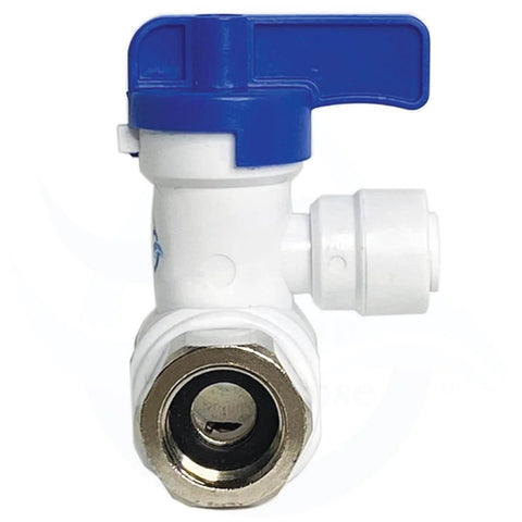 Front view of Dual O Ring Quick Connect Angle Stop Valve Adapter No Fuss 3/8 Inlet To 3/8 Or 1/4 Inch Tubing Stainless Steel Lead Free