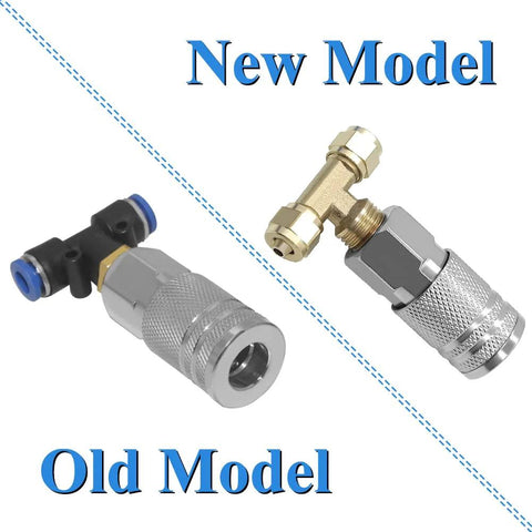 Comparison of new and old model connectors for Heavy Duty Air Blow Gun Kit With Sixteen Foot Pneumatic Hose One Quarter Inch Quick Connect And Six Millimeter Outer Diameter.