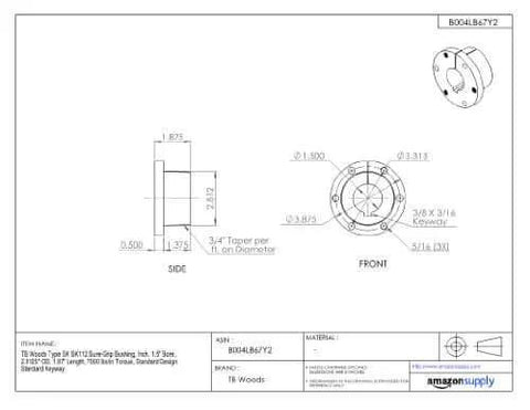 Technical drawing of Sure-Grip Bushing SK112 Quick Disconnect Shaft Mount For One And A Half Inch Bore Two Point Eight One Two Five Inch OD One Point Eight Seven Inch Length Seven Thousand In Lbs Torque Ductile Iron With Standard Keyway TB Woods, showing side and front dimensions.
