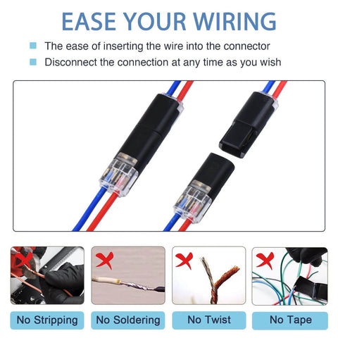 Two Wire Quick Disconnect Connectors for 16-18 AWG Solderless Wiring, No Stripping Required, shown with ease of use features.