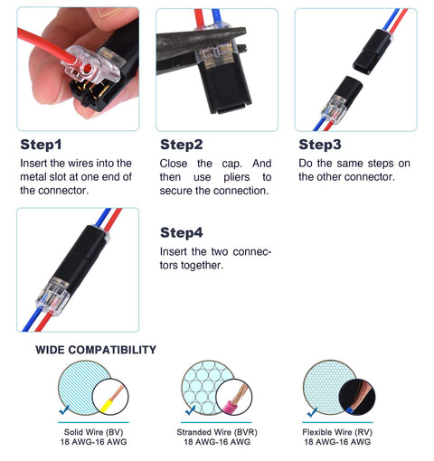 Step-by-step guide using Two Wire Quick Disconnect Connectors for 16-18 AWG Solderless Wiring; includes compatibility details.
