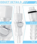 Close-up details of 10 Pcs 1/4 Inch Quick Disconnect Hose Barb Insert Fittings Set with plastic couplers and barb design