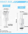 Diagram showing male and female connectors of 10 Pcs 1/4 Inch Quick Disconnect Hose Barb Insert Fittings Set with dimensions.