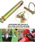 Two Pack Cat 1 Quick Hitch Adapter Bushing Kit For Category I 3-Point Tractors Include 5-1/2 Inch Top-Link Pin and Heavy-Duty Lynch Pin with Ring Replaces S14114400 and S14114200; image showing pin and installation on tractor