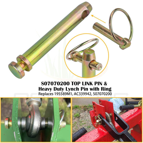 Two Pack Cat 1 Quick Hitch Adapter Bushing Kit For Category I 3-Point Tractors Include 5-1/2 Inch Top-Link Pin and Heavy-Duty Lynch Pin with Ring Replaces S14114400 and S14114200; image showing pin and installation on tractor