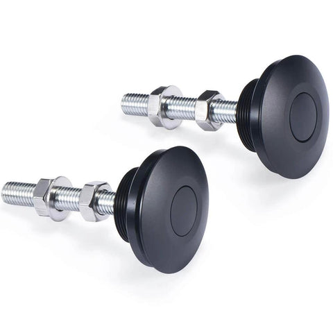 Quick latch hood pins universal kit showing 2.44 inch diameter push button quick release hood bonnet pins with black anodized CNC machined aluminum.